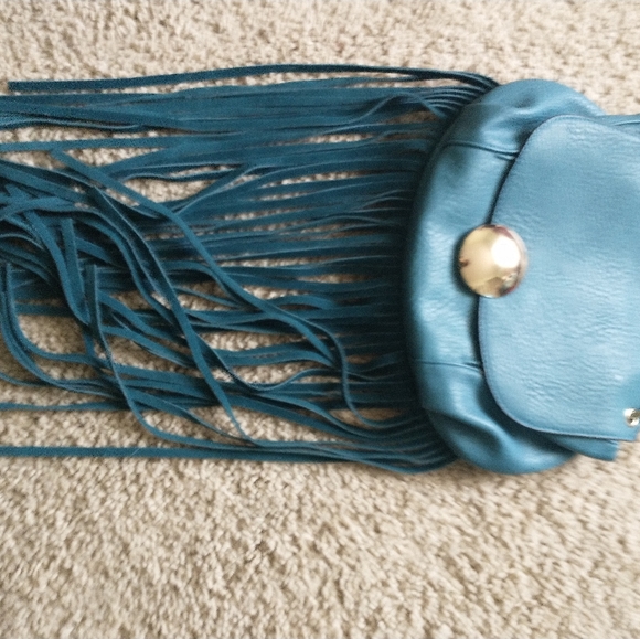 Vieta Fringed Blue Pebbled Leather Crossbody Purse with leather fringe - Picture 3 of 13